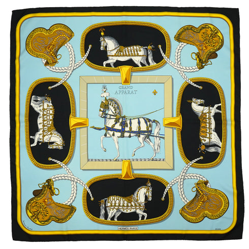 HERMES CARRE 90 SCARF GRAND APPARAT BLUE MULTICOLOR SILK 90345077