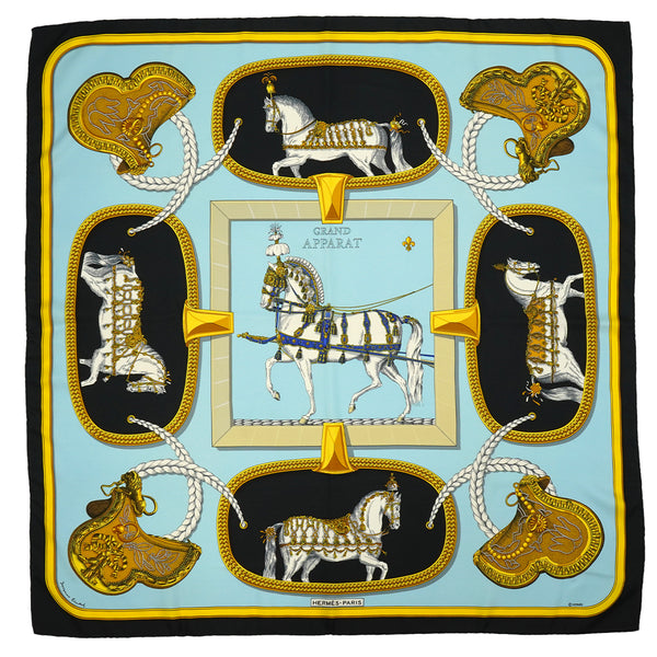 HERMES CARRE 90 SCARF GRAND APPARAT BLUE MULTICOLOR SILK 90345077
