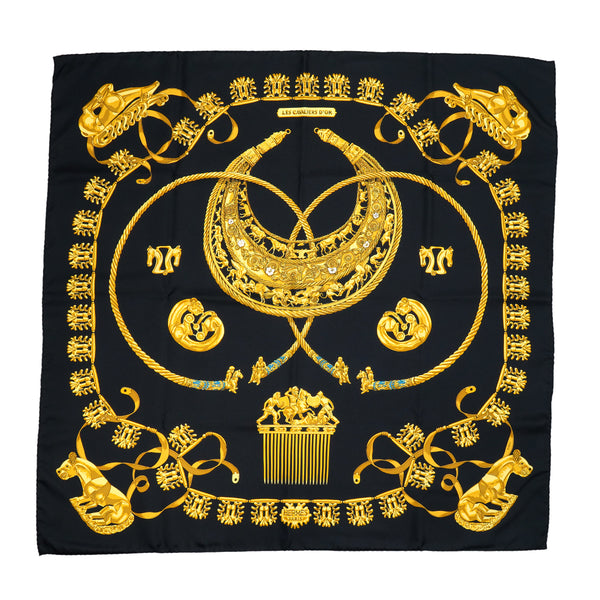 HERMES CARRE 90 SCARF LES CAVALIERS D'OR BLACK GOLD SILK 90342739