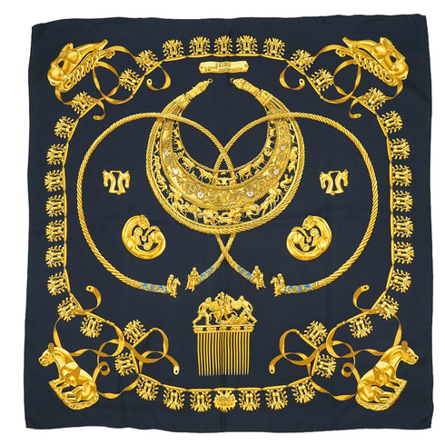 HERMES CARRE 90 SCARF LES CAVALIERS D'OR BLACK GOLD SILK 90343255