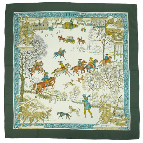 HERMES CARRE 90 SCARF L'HIVER GREEN MULTICOLOR SILK 90348334