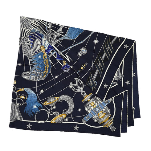 HERMES CARRE GEANT 140 CHORUS STELLARUM SCARF NAVY CASHMERE SILK 90330279