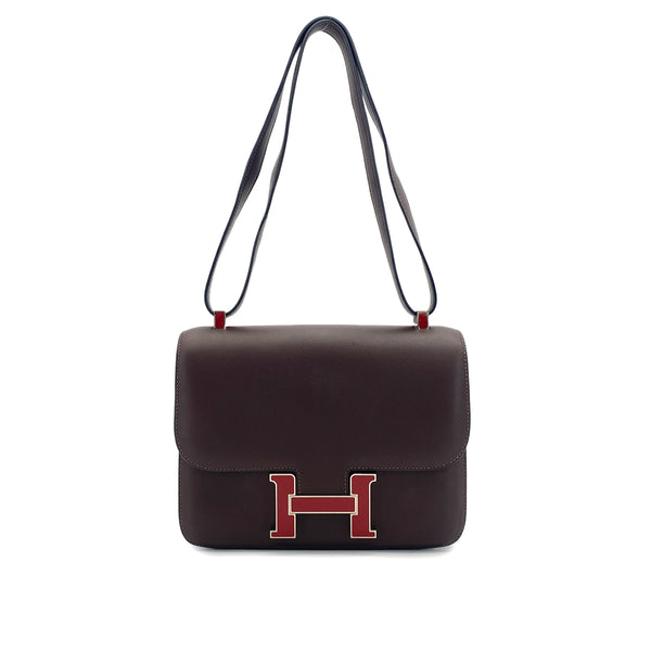HERMES CONSTANCE3 24 HAVANE ROUGE H SWIFT SHOULDER BAG 2012 SQUARE P PALLADIUM HARDWARE 90314364