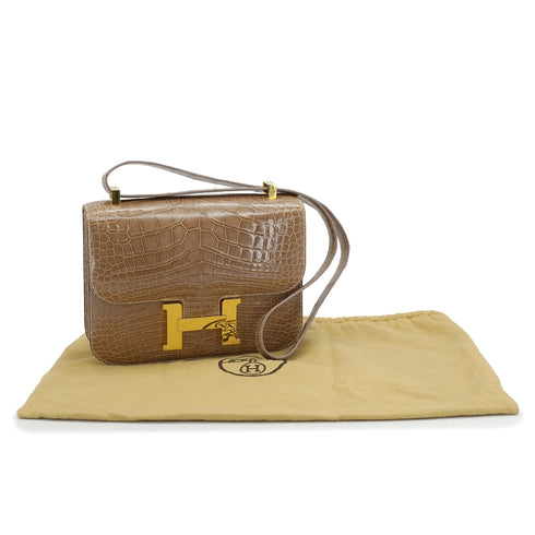 HERMES CONSTANCE 24 LIGHT BROWN CROCODILE ALLIGATOR SHOULDER BAG 1974 CIRCLE D GOLD HARDWARE 90326850