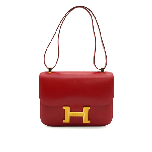 HERMES CONSTANCE 24 ROUGE GARANCE BOX CALF SHOULDER BAG 2003 SQUARE G GUILLOCHE HARDWARE 90339636