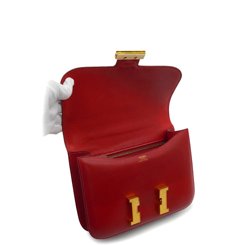 HERMES CONSTANCE 24 ROUGE GARANCE BOX CALF SHOULDER BAG 2003 SQUARE G GUILLOCHE HARDWARE 90339636