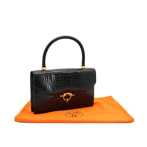 HERMES CORDELIERE ALLIGATOR BLACK HAND BAG 1990 CIRCLE T GOLD HARDWARE 90335570
