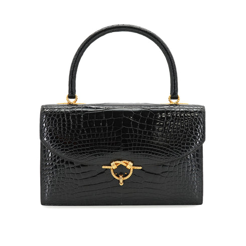 HERMES CORDELIERE ALLIGATOR BLACK HAND BAG 1990 CIRCLE T GOLD HARDWARE 90335570