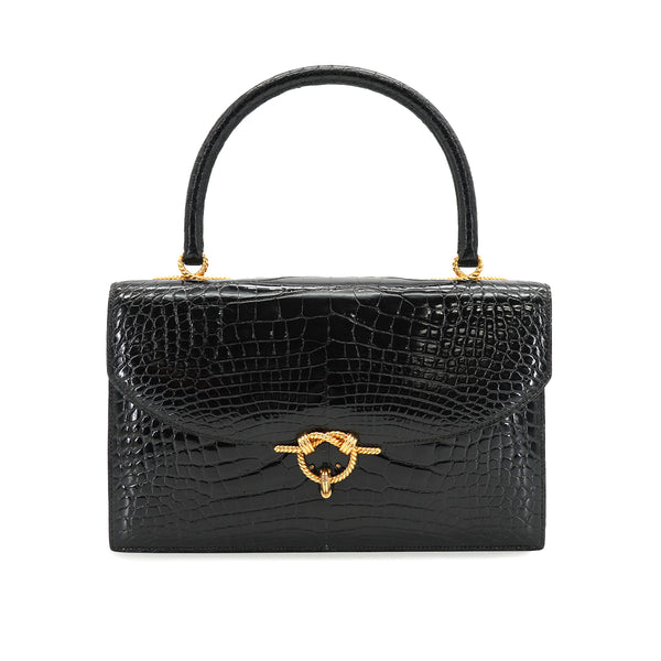 HERMES CORDELIERE ALLIGATOR BLACK HAND BAG 1990 CIRCLE T GOLD HARDWARE 90335570