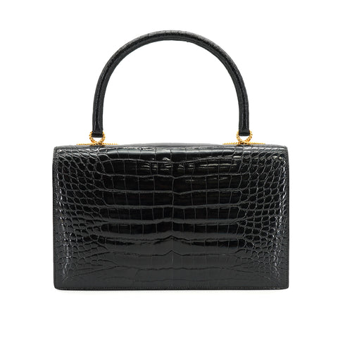 HERMES CORDELIERE ALLIGATOR BLACK HAND BAG 1990 CIRCLE T GOLD HARDWARE 90335570