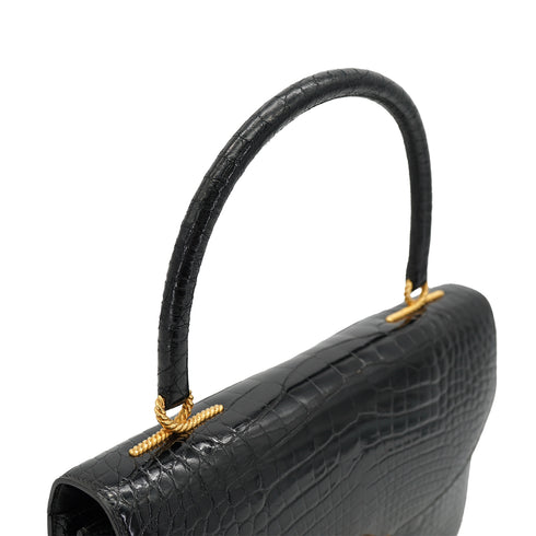HERMES CORDELIERE ALLIGATOR BLACK HAND BAG 1990 CIRCLE T GOLD HARDWARE 90335570
