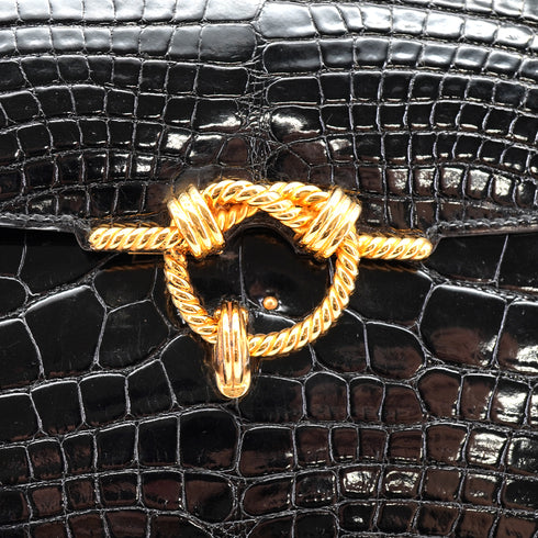 HERMES CORDELIERE ALLIGATOR BLACK HAND BAG 1990 CIRCLE T GOLD HARDWARE 90335570
