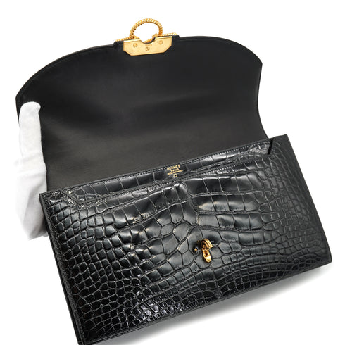 HERMES CORDELIERE ALLIGATOR BLACK HAND BAG 1990 CIRCLE T GOLD HARDWARE 90335570