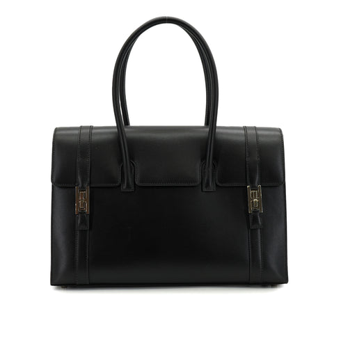 HERMES DRUG 32 BLACK BOX CALF HAND BAG 2002 SQUARE F PALLADIUM HARDWARE 90334266