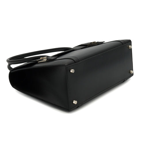 HERMES DRUG 32 BLACK BOX CALF HAND BAG 2002 SQUARE F PALLADIUM HARDWARE 90334266