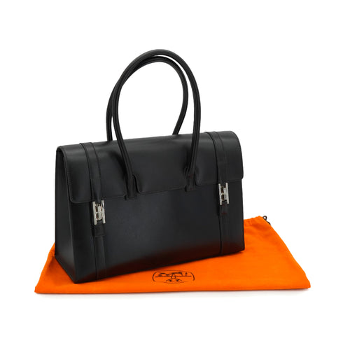 HERMES DRUG 32 BLACK BOX CALF HAND BAG 2002 SQUARE F PALLADIUM HARDWARE 90334266