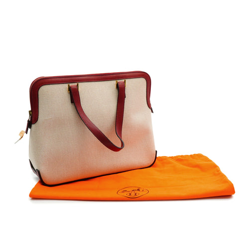 HERMES ESCAPADA ROUGE H TOILE H BOX CALF HAND BAG 2002 SQUARE F GOLD HARDWARE 90341717