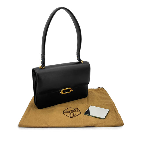 HERMES FONSBELLE BLACK BOX CALF SHOULDER BAG 1966 V STAMP GOLD HARDWARE 90326845