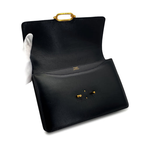HERMES FONSBELLE BLACK BOX CALF SHOULDER BAG 1966 V STAMP GOLD HARDWARE 90326845
