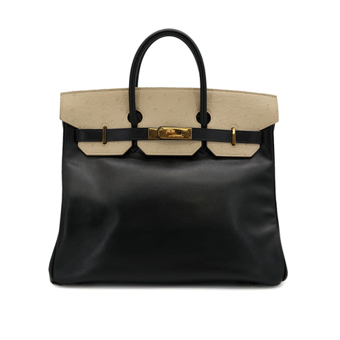 HERMES HAUT A COURROIES 32 BLACK BLANCCASSE OSTRICH BOXCALF HAND BAG 1995 CIRCLE Y GOLD HARDWARE 90325603