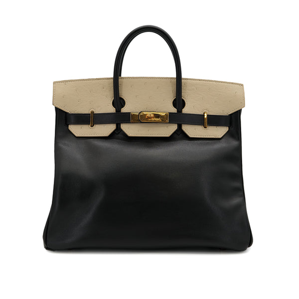 HERMES HAUT A COURROIES 32 BLACK BLANCCASSE OSTRICH BOXCALF HAND BAG 1995 CIRCLE Y GOLD HARDWARE 90325603