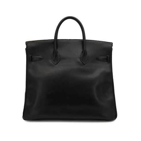 HERMES HAUT A COURROIES 32 BLACK BLANCCASSE OSTRICH BOXCALF HAND BAG 1995 CIRCLE Y GOLD HARDWARE 90325603