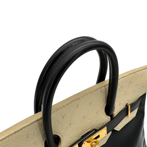 HERMES HAUT A COURROIES 32 BLACK BLANCCASSE OSTRICH BOXCALF HAND BAG 1995 CIRCLE Y GOLD HARDWARE 90325603