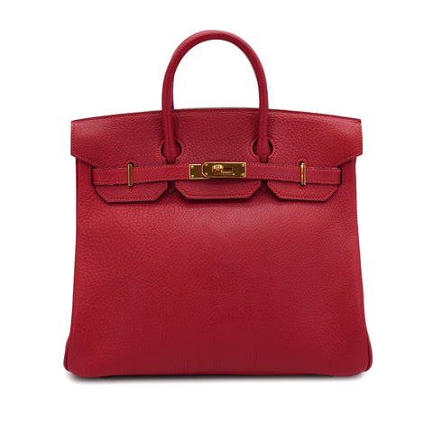 HERMES HAUT A COURROIES 32 ROUGE VIF FJORD HAND BAG 1993 CIRCLE W GOLD HARDWARE 90326656