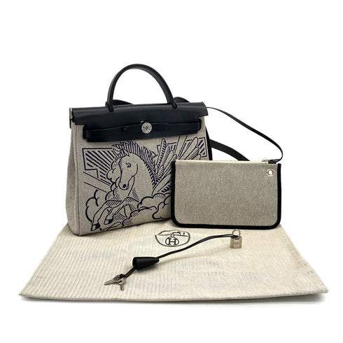 HERMES HER BAG ZIP 31 PM PEGASE POP BLUE INDIGO NOIR TOILE H VACHE HUNTER TOTE BAG 2020 Y STAMP 90315615