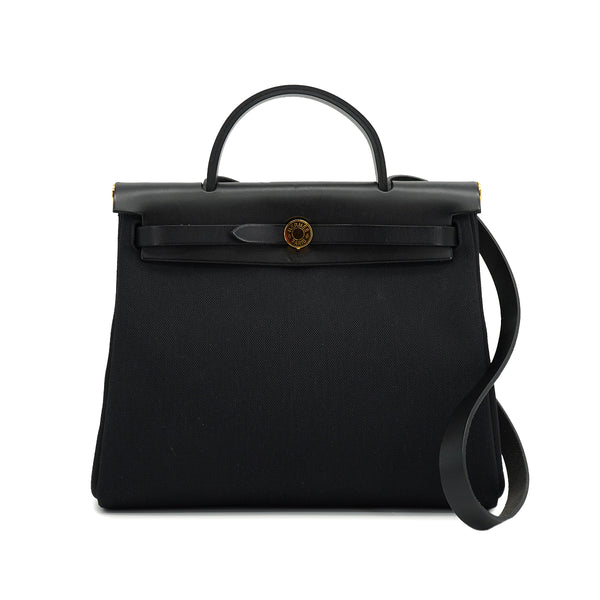 HERMES HER BAG ZIP PM 31 BLACK VACHE HUNTER TOILE MILITAIRE TOTE SHOULDER BAG 2023 B STAMP 90326732