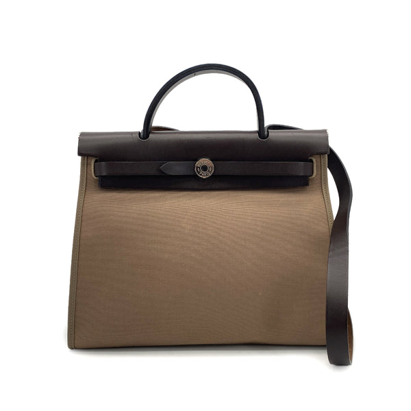 HERMES HER BAG ZIP PM 31 EBENE ETOUPE TOILE OFFICIER VACHE HUNTER TOTE SHOULDER BAG 2014 SQUARE R 90320167