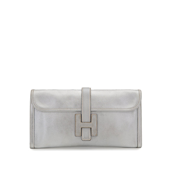 HERMES JIGE ELAN 29 SILVER CHEVRE CLUTCH BAG 2004 SQUARE H 90325324