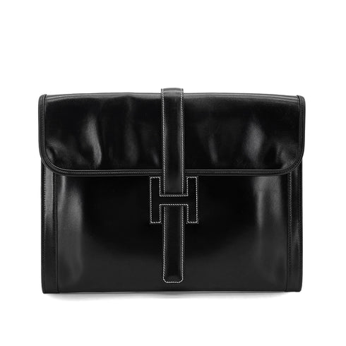 HERMES JIGE GM BLACK BOXCALF CLUTCH BAG 1984 CIRCLE N 90326731