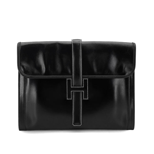 HERMES JIGE GM BLACK BOXCALF CLUTCH BAG 1984 CIRCLE N 90326731
