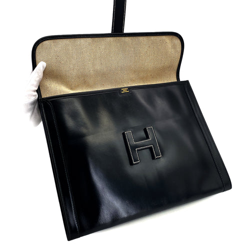 HERMES JIGE GM BLACK BOXCALF CLUTCH BAG 1984 CIRCLE N 90326731