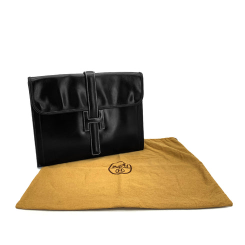HERMES JIGE GM BLACK BOXCALF CLUTCH BAG 1984 CIRCLE N 90326731