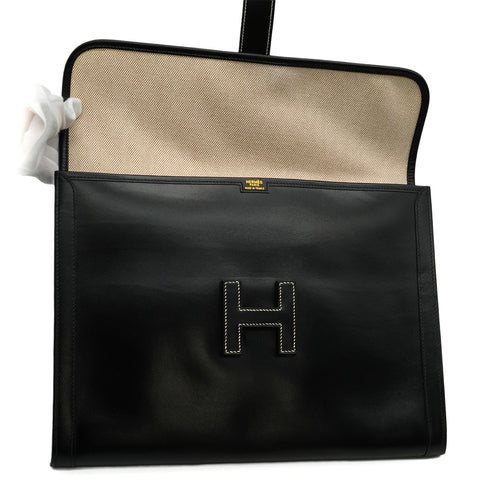 HERMES JIGE GM BLACK BOX CALF CLUTCH BAG 90351075