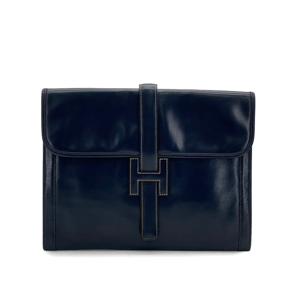 HERMES JIGE GM BLUE MARINE BOXCALF CLUTCH BAG 1980 CIRCLE J 90314767