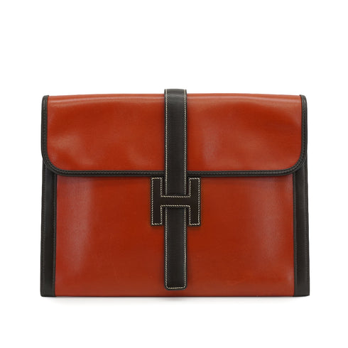 HERMES JIGE GM BRIQUE CHOCOLAT BOX CALF CLUTCH BAG 1993 CIRCLE W 90340354