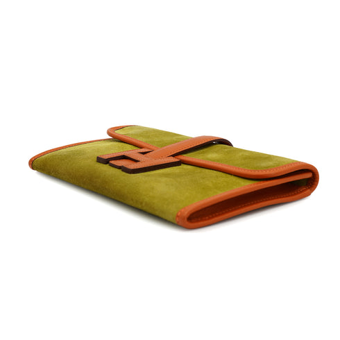 HERMES JIGE MINI ANIS GREEN ORANGE DEBRIS CLUTCH BAG 2006 SQUARE J 90326664
