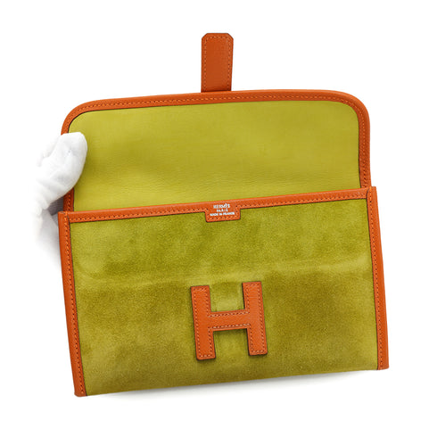 HERMES JIGE MINI ANIS GREEN ORANGE DEBRIS CLUTCH BAG 2006 SQUARE J 90326664