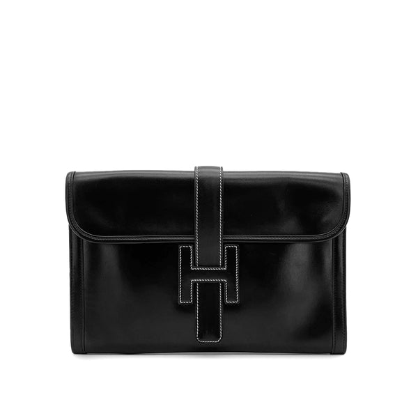 HERMES JIGE PM BLACK BOXCALF CLUTCH BAG 1979 CIRCLE I 90314756