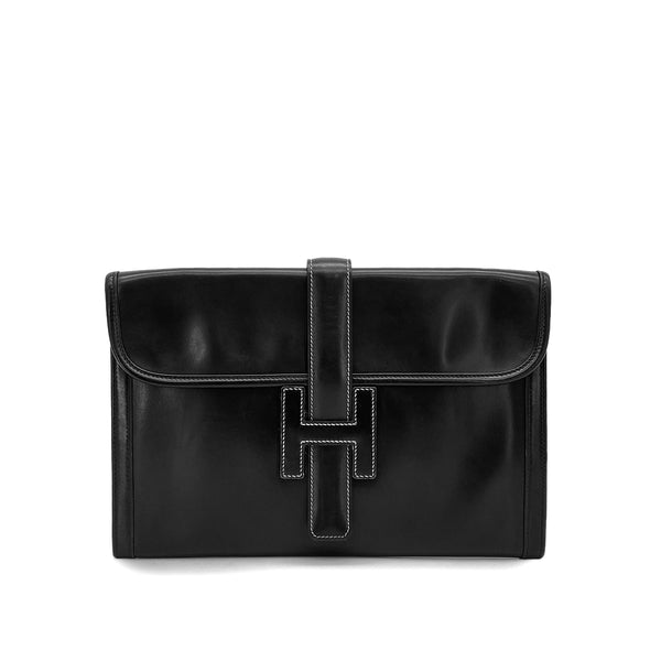 HERMES JIGE PM BLACK BOXCALF CLUTCH BAG 1980 CIRCLE J 90326849