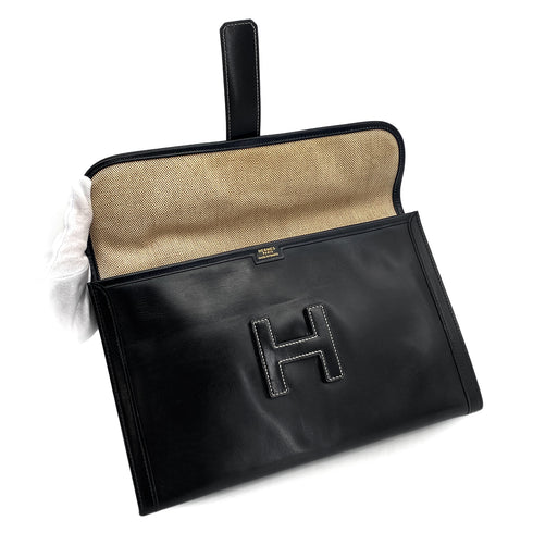 HERMES JIGE PM BLACK BOXCALF CLUTCH BAG 1980 CIRCLE J 90326849