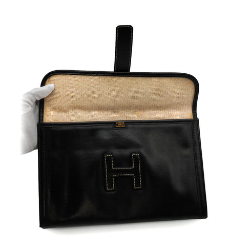 HERMES JIGE PM BLACK BOXCALF CLUTCH BAG 1981 CIRCLE K 90341911