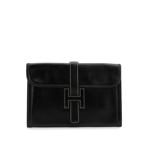 HERMES JIGE PM BLACK BOXCALF CLUTCH BAG 1984 CIRCLE N 90330995