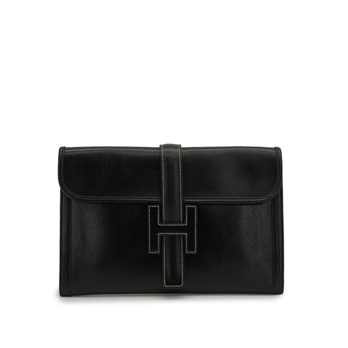HERMES JIGE PM BLACK BOXCALF CLUTCH BAG 1990 CIRCLE T 90351062