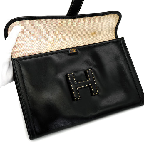 HERMES JIGE PM BLACK BOX CALF CLUTCH BAG 1989 CIRCLE S 90336793