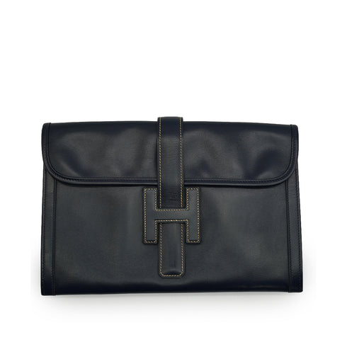 HERMES JIGE PM BLUE INDIGO BOXCALF CLUTCH BAG 1978 CIRCLE H 90338349