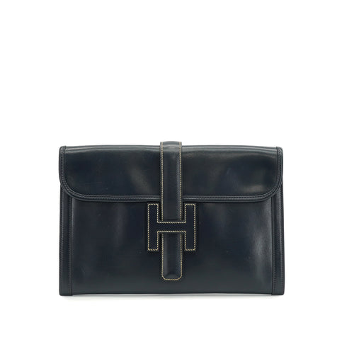 HERMES JIGE PM BLUE MARINE BOX CALF CLUTCH BAG 1986 CIRCLE P 90335882